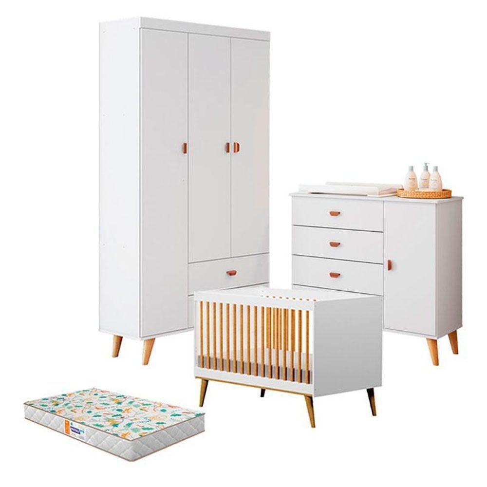 Quarto De Bebê Duda Com Berço Americano Ligia Branco Acetinado Bétula E Colchão Gazin – Carolina Móveis - 1