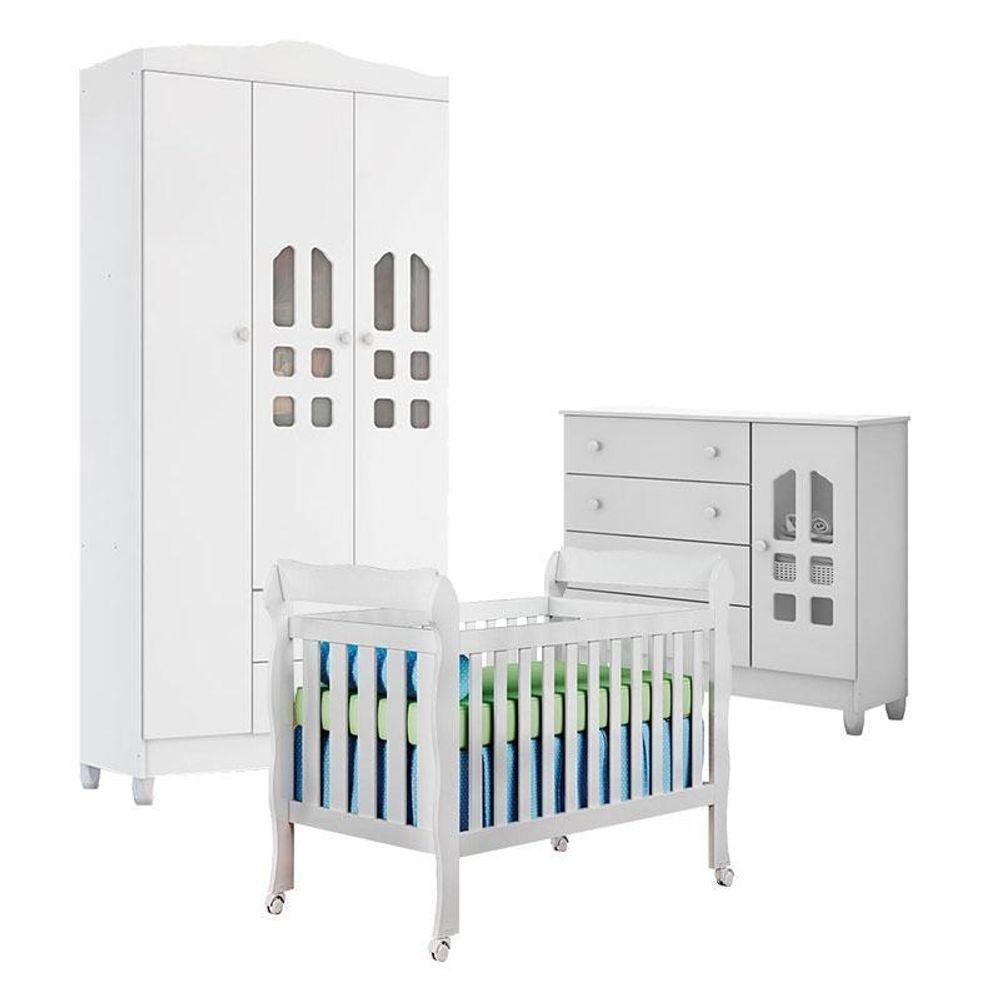 Quarto De Bebê New Selena 3 Portas Com Berço Lila E Cômoda Selena Branco Brilho – Carolina Móveis - 1