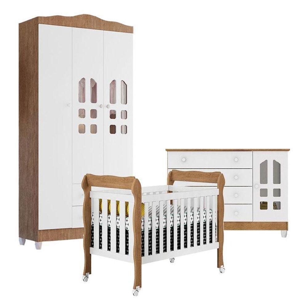Quarto De Bebê New Selena 3 Portas Com Berço Lila E Cômoda Gran Selena Branco Acetinado Amadeirado – Carolina Móveis - 1