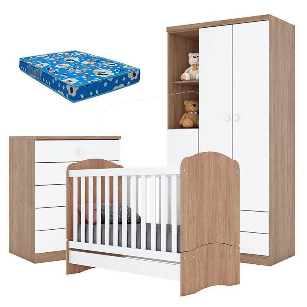 Quarto De Bebê Pique-esconde Com Berço Bala De Menta Rústico Branco E Colchão Ortobom - Henn - 1