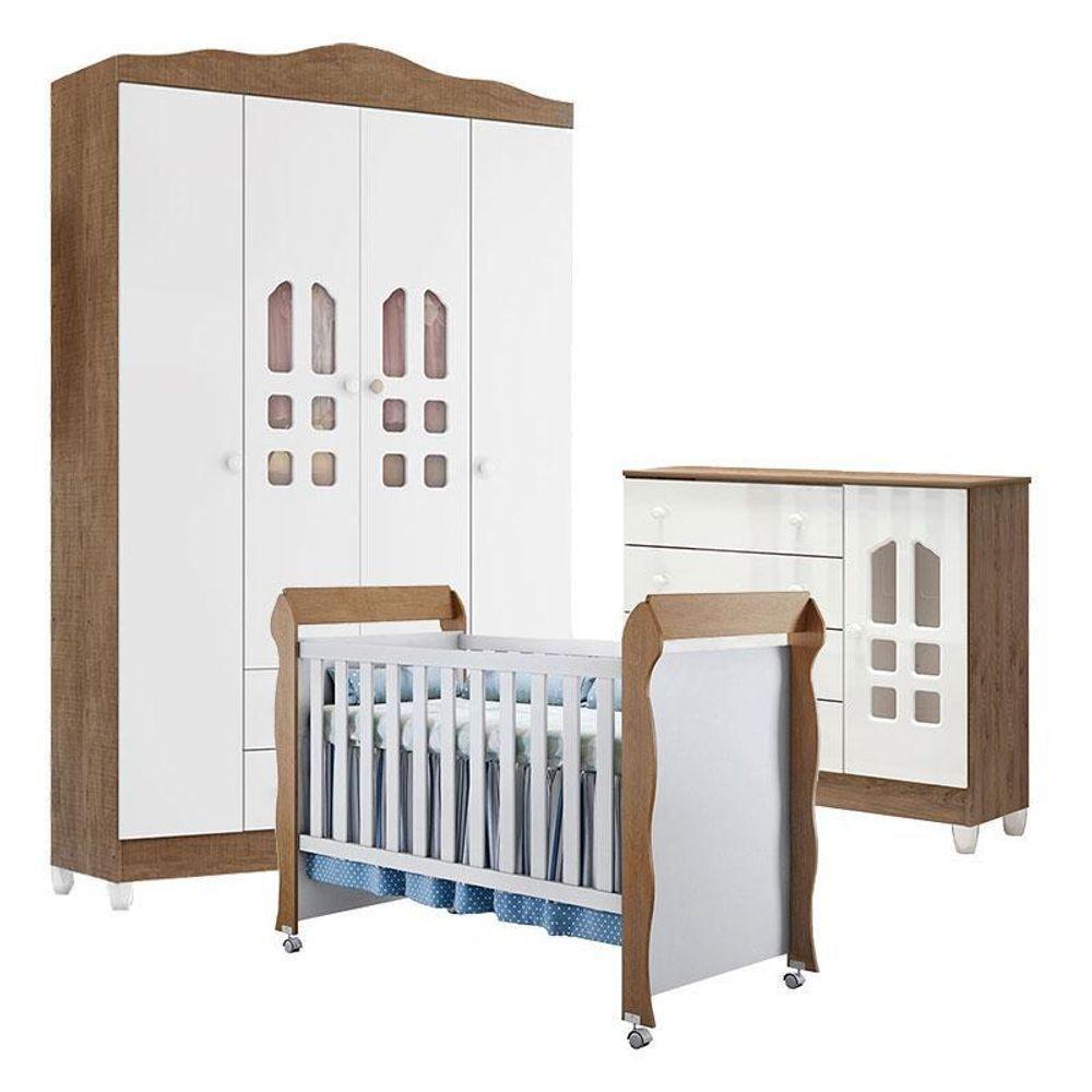 Quarto De Bebê New Selena 4 Portas Com Cômoda Selena E Berço Mirelle Branco Acetinado Amadeirado – Carolina Móveis - 1
