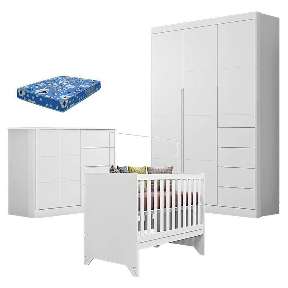 Quarto De Bebê Eloá Com Berço Americano Retro Maya Branco Acetinado Com Colchão Ortobom – Phoenix Baby - 1