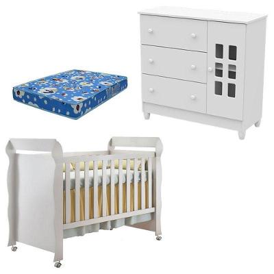 Berço Americano Mirelle e Cômoda Mariah 1 Porta 3 Gavetas em MDF e MDP 154 cm Branco Carolina