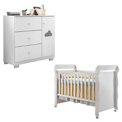 Berço Americano e Cômoda Infantil Mirelle Ane 1 Porta 3 Gavetas 100% MDF Branco Phoenix Baby