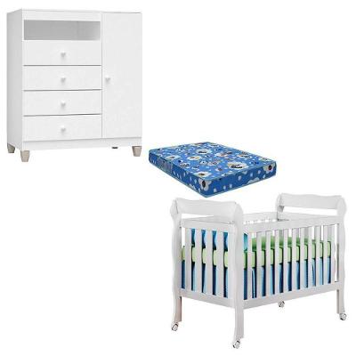 Berço Americano Lila Ternura Baby em MDF com Colchão e Cômoda Infantil Branco