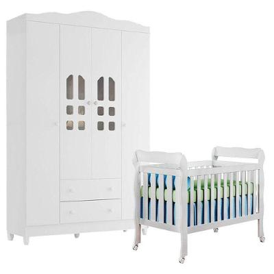 Berço Americano Lila E Guarda Roupa Infantil New Selena 4 Portas Branco Brilho - Carolina Móveis
