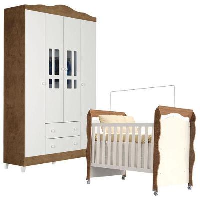 Berço Americano New Nanda E Guarda Roupa Infantil Ariel 4 Portas Branco Acetinado Amadeirado – Carolina