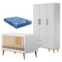 Berço Americano Ligia E Guarda Roupa Ludmila Branco Acetinado Bétula Com Colchão Ortobom - Carolina Móveis - 1