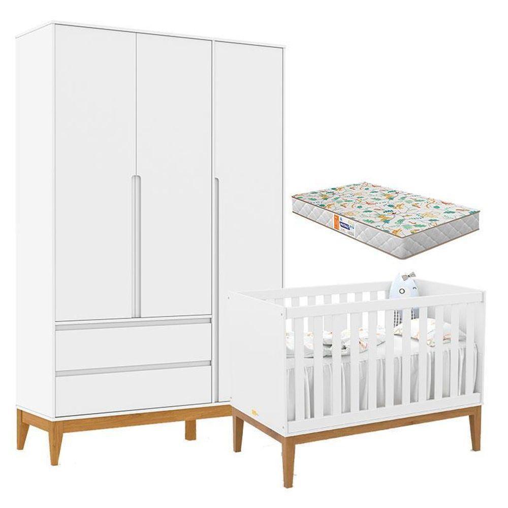 Berço Americano Unique E Guarda Roupa 3 Portas Nature Clean Branco Soft Eco Wood Com Colchão Gazin – Matic - 1