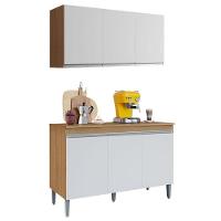 Balcão De Cozinha Manu Com Tampo 120cm E Armário Aéreo Andréia Amêndoa Branco - Ajl - 1