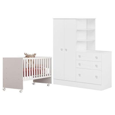 Berço Convencional Nacional 3540 com Guarda Roupa e Cômoda 4070 Doce Sonho MDP Branco Brilho