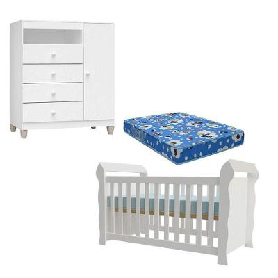 Berço Americano Lara Ternura Baby com Cômoda 1 Porta 4 Gavetas MDF MDP 154cm Branco Incorplac