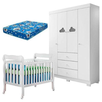 Berço Americano Lila E Guarda Roupa Ane Branco Brilho Com Colchão Ortobom – Phoenix Baby