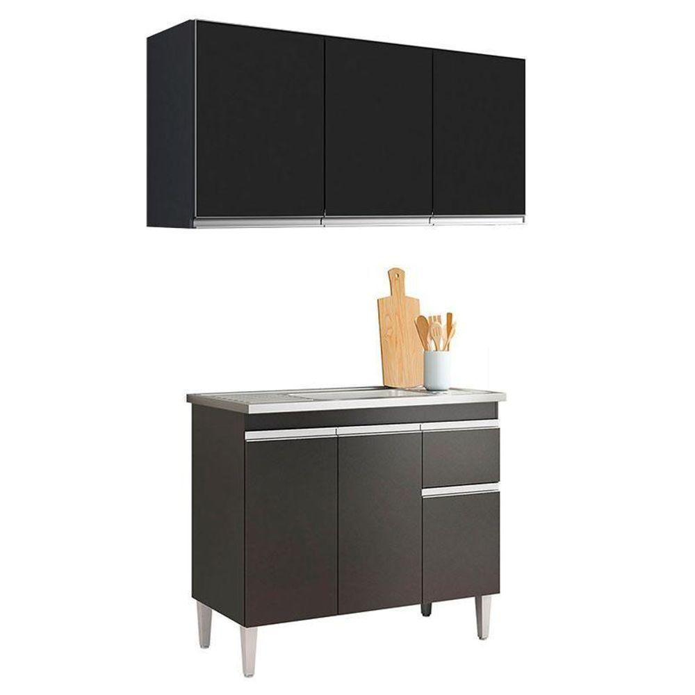 Balcão De Pia Tatiane 100cm E Armário Aéreo Andréia 3 Portas Preto Fosco - Ajl - 1