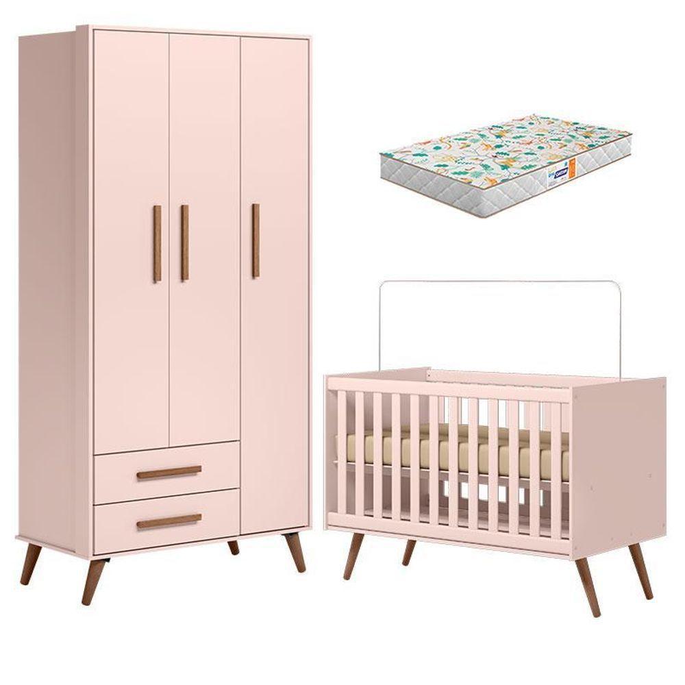 Berço Americano 3820 E Guarda Roupa Roupa 3830 Q Encanto Retrô Rosa Com Colchão Da Gazin - Qmovi - 1