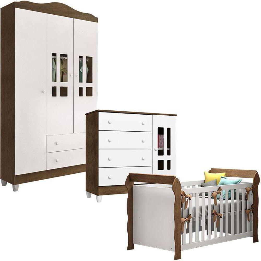 Quarto De Bebê Ariel 3 Portas E Berço Lara Branco Acetinado Amadeirado – Carolina - 1