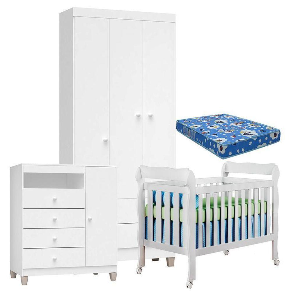 Quarto De Bebê 3 Portas Ternura Baby Com Berço Lila Branco Brilho Com Colchão - Incorplac - 1