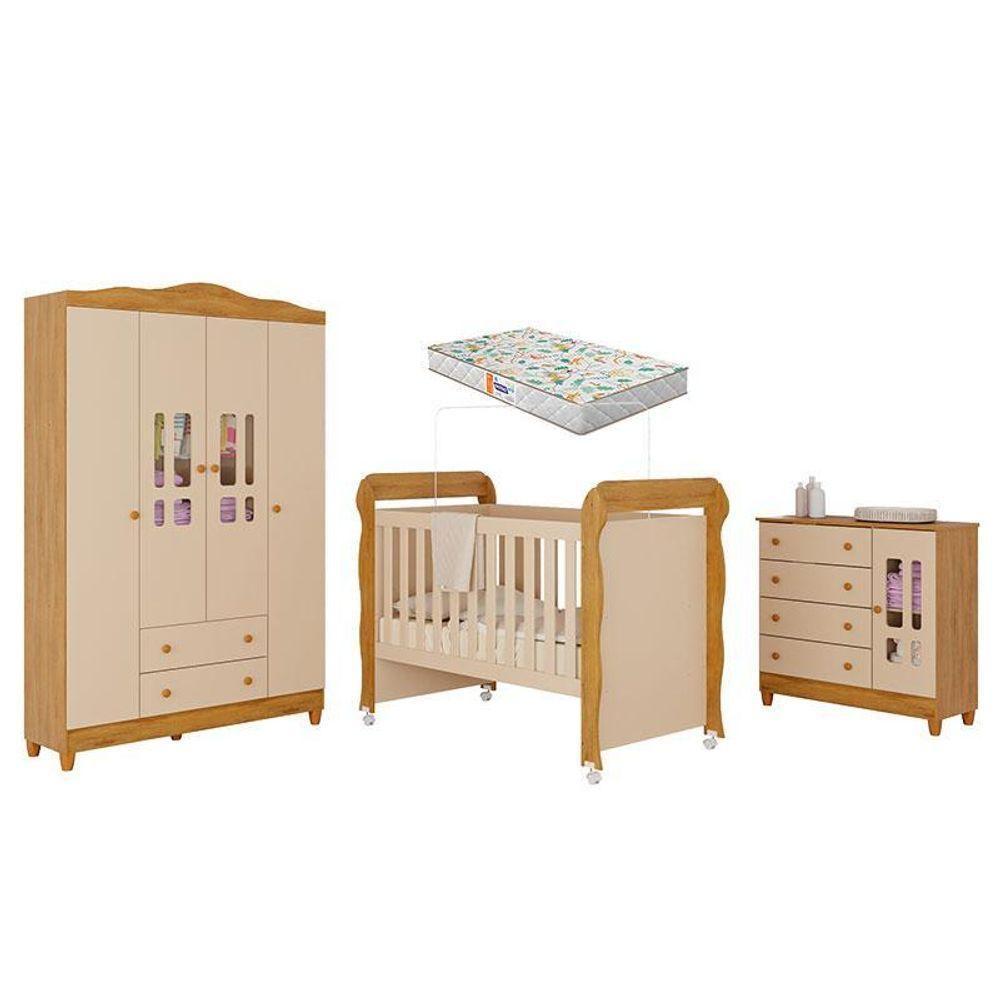 Quarto De Bebê Ariel 4 Portas Com Berço Americano Mirelle Off White Bétula Com Colchão Gazin –carolina Baby - 1