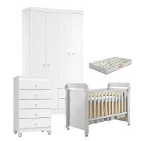 Quarto De Bebê 4 Portas Com Gaveteiro Ternura Baby E Berço Mirelle Branco Brilho Com Colchão Gazin - Incorplac - 1