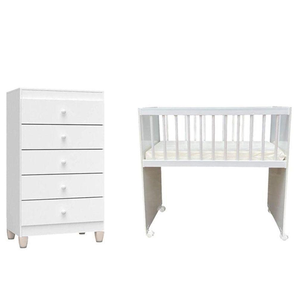 Mini Berço Moisés Alegria Com Colchão E Cômoda Gaveteiro Ternura Baby Branco Brilho - Incorplac - 1