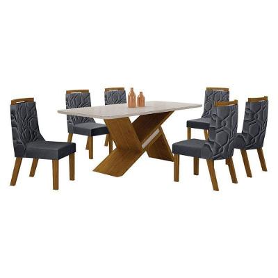 Mesa De Jantar ágata 180x90 Freijó Off White Com 6 Cadeiras Mdf Freijó Joli Chumbo – Leifer Móveis