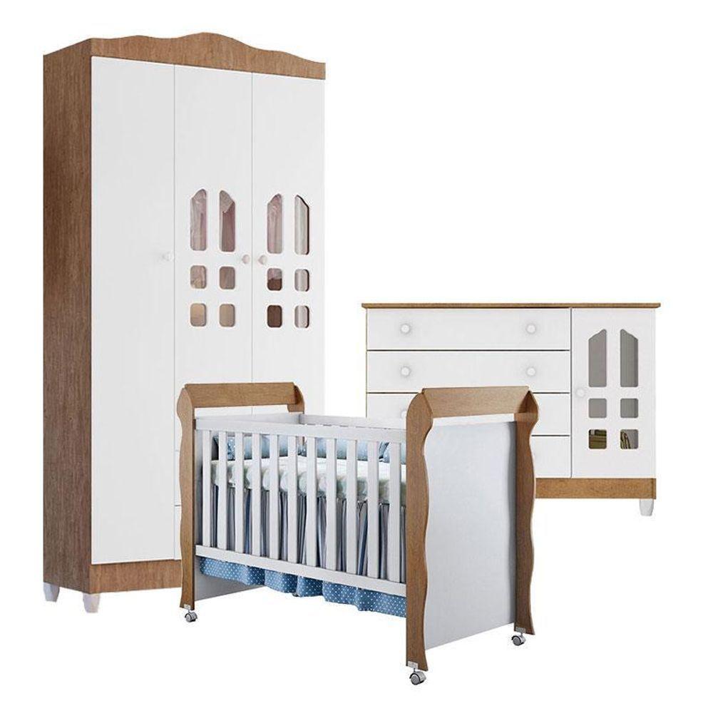 Quarto De Bebê New Selena 3 Portas Com Cômoda Gran Selena E Berço Mirelle Branco Acetinado Amadeirado – Carolina Móveis - 1