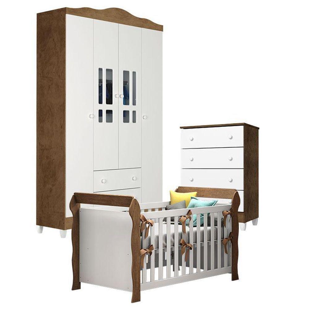 Quarto De Bebê Ariel 4 Portas Com Gaveteiro E Berço Lara Branco Acetinado Amadeirado – Carolina - 1