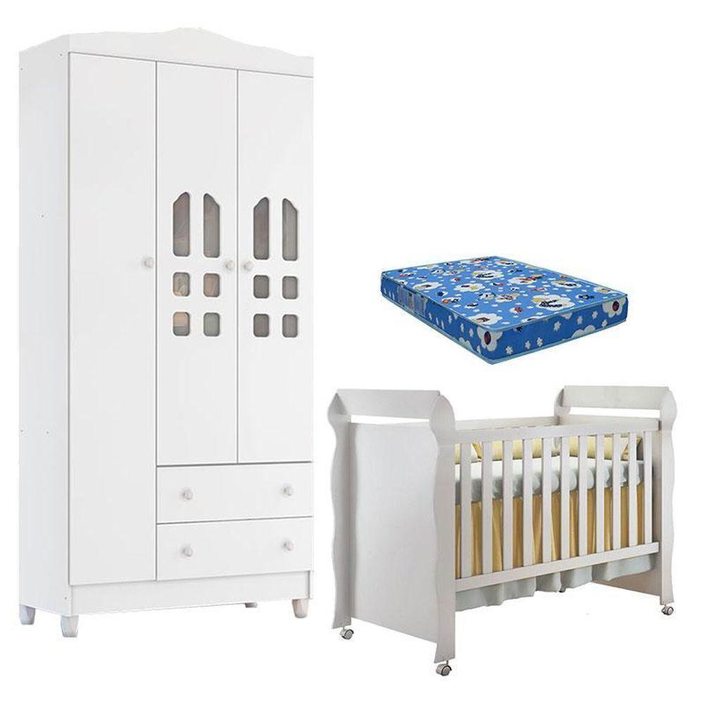 Berço Americano Mirelle E Guarda Roupa New Selena 3 Portas Branco Brilho Com Colchão Ortobom – Carolina Móveis - 1