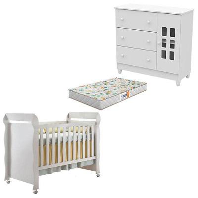 Berço Americano Mirelle com Cômoda Mariah em MDF com Colchão Incluso Branco Brilho