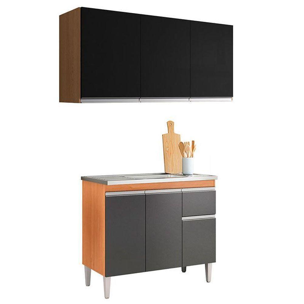 Balcão De Pia Tatiane 100cm E Armário Aéreo Andréia 3 Portas Amêndoa Preto - Ajl - 1