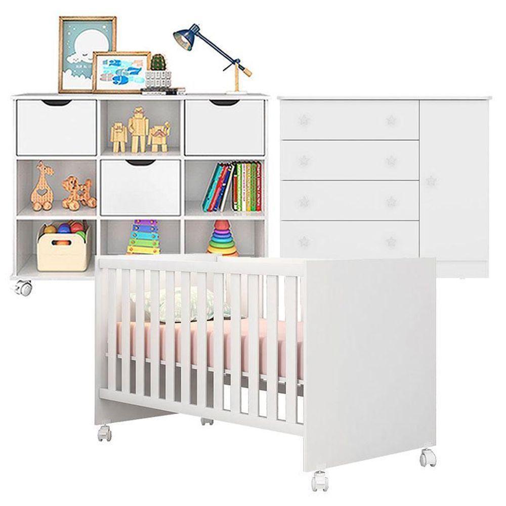 Berço Americano Doce Sonho 100 Com Rodízios E Cômoda 2561 Com Nicho Organizador 3 Gavetas Branco Brilho - Qmovi - 1