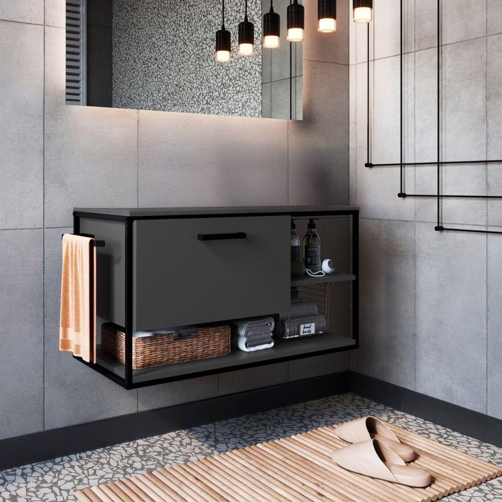 Gabinete Para Banheiro Industrial Suspenso Com Porta Basculante Grafite - 1