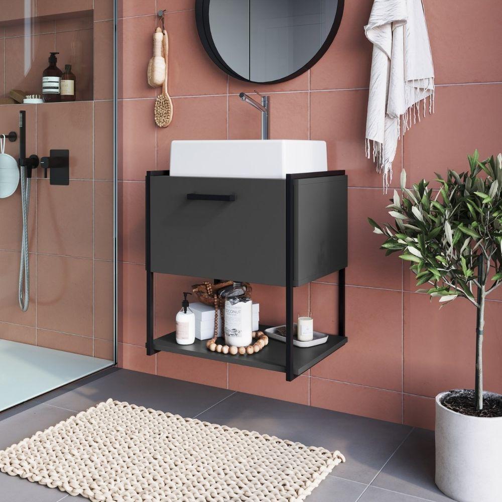 Gabinete Para Banheiro Suspenso Com Cuba E Porta Basculante Grafite - 1