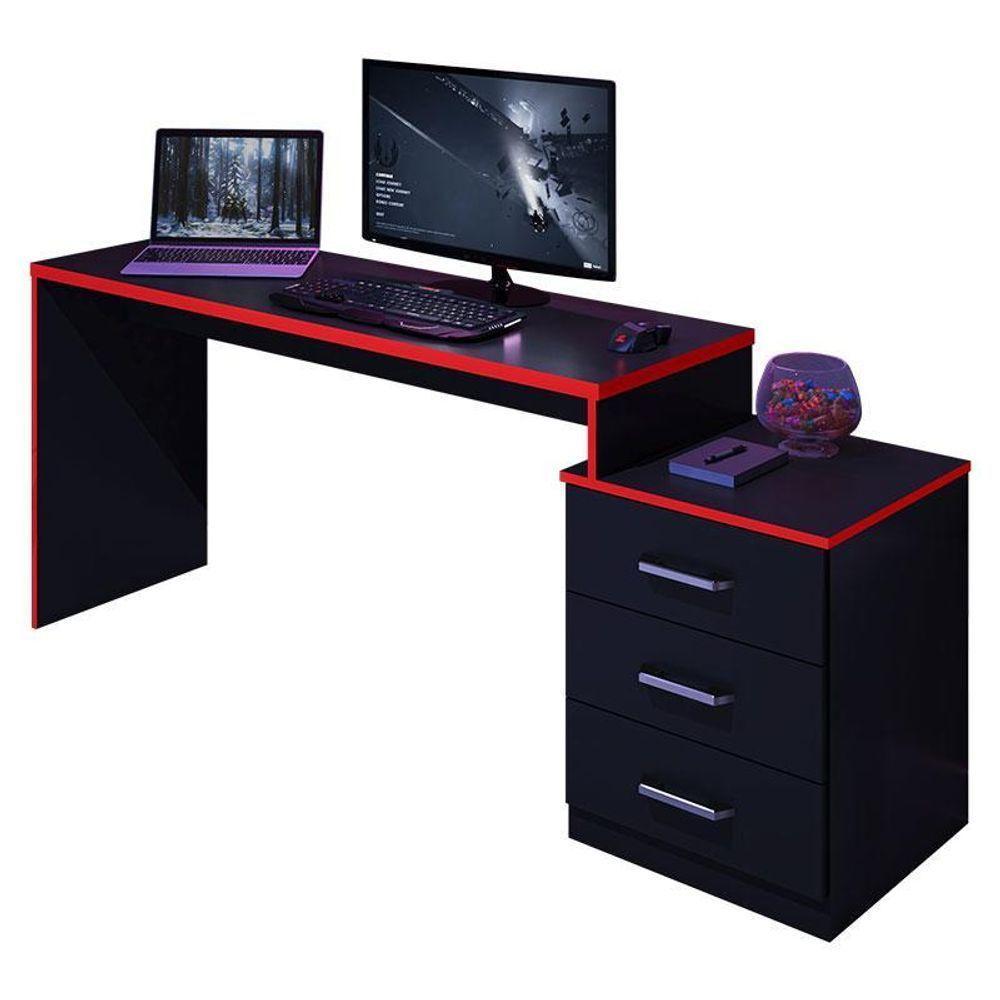 Mesa Para Computador Gamer Drx 5000 E Livreiro Office Com Portas Pequenas Preto Trama Vermelho - Móveis Leão - 2