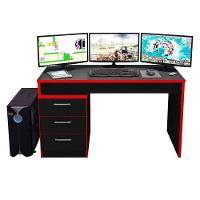 Mesa Para Computador Gamer Drx 5000 E Livreiro Office Com Portas Pequenas Preto Trama Vermelho - Móveis Leão