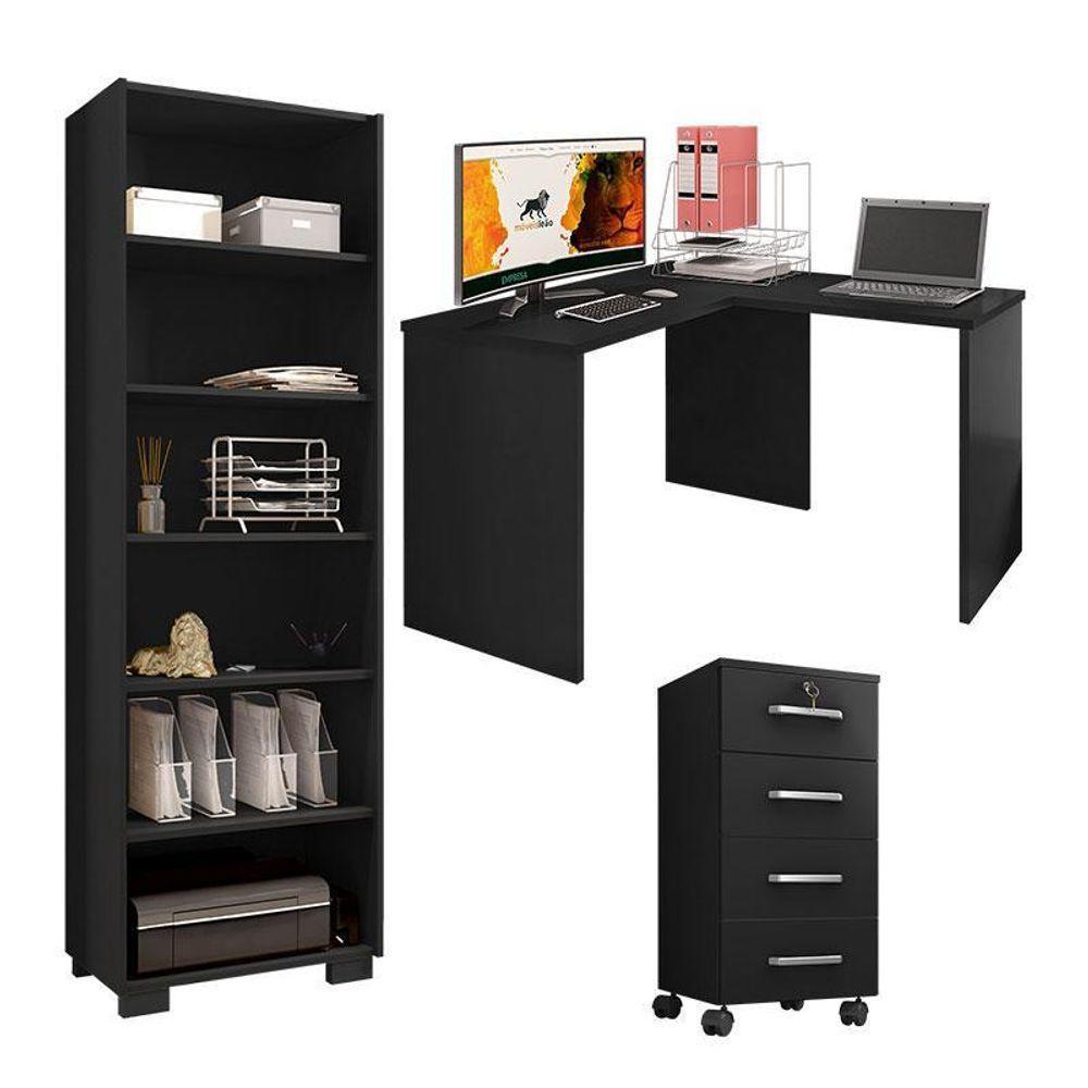 Mesa Para Computador Com Extensora E Gaveteiro Gávea Com Chave 4 Gavetas E Livreiro Office Preto Fosco - Móveis Leão - 1