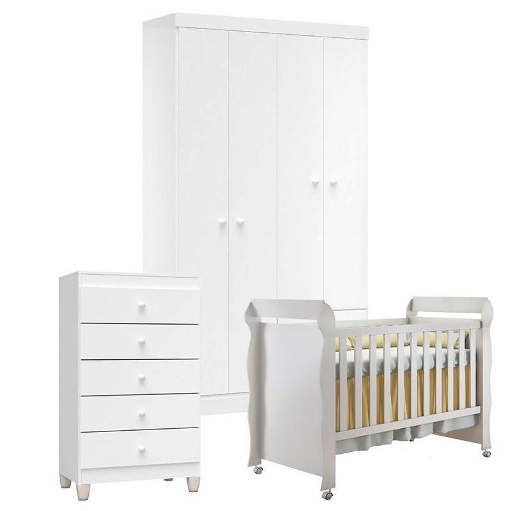 Quarto De Bebê 4 Portas Com Gaveteiro Ternura Baby E Berço Mirelle Branco Brilho - Incorplac - 1