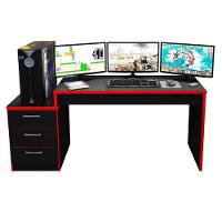 Mesa Para Computador Gamer Drx 5000 E Livreiro Office Preto Trama Vermelho - Móveis Leão - 3