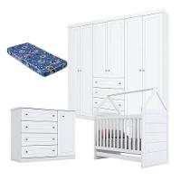 Quarto De Bebê Mississipi 6 Portas Com Berço Montessoriano Branco Hp E Colchão Ortobom - Henn - 1