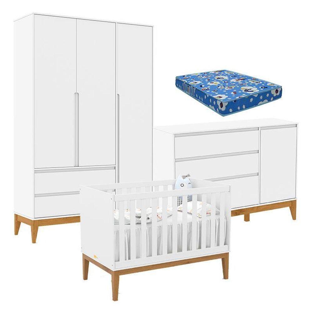 Quarto De Bebê Nature Clean 3 Portas Com Berço Unique Branco Soft Eco Wood E Colchão Ortobom – Matic - 1