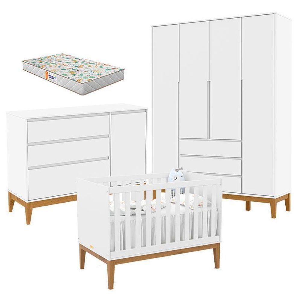 Quarto De Bebê Nature Clean 4 Portas Com Berço Unique Branco Soft Eco Wood E Colchão Gazin – Matic - 1
