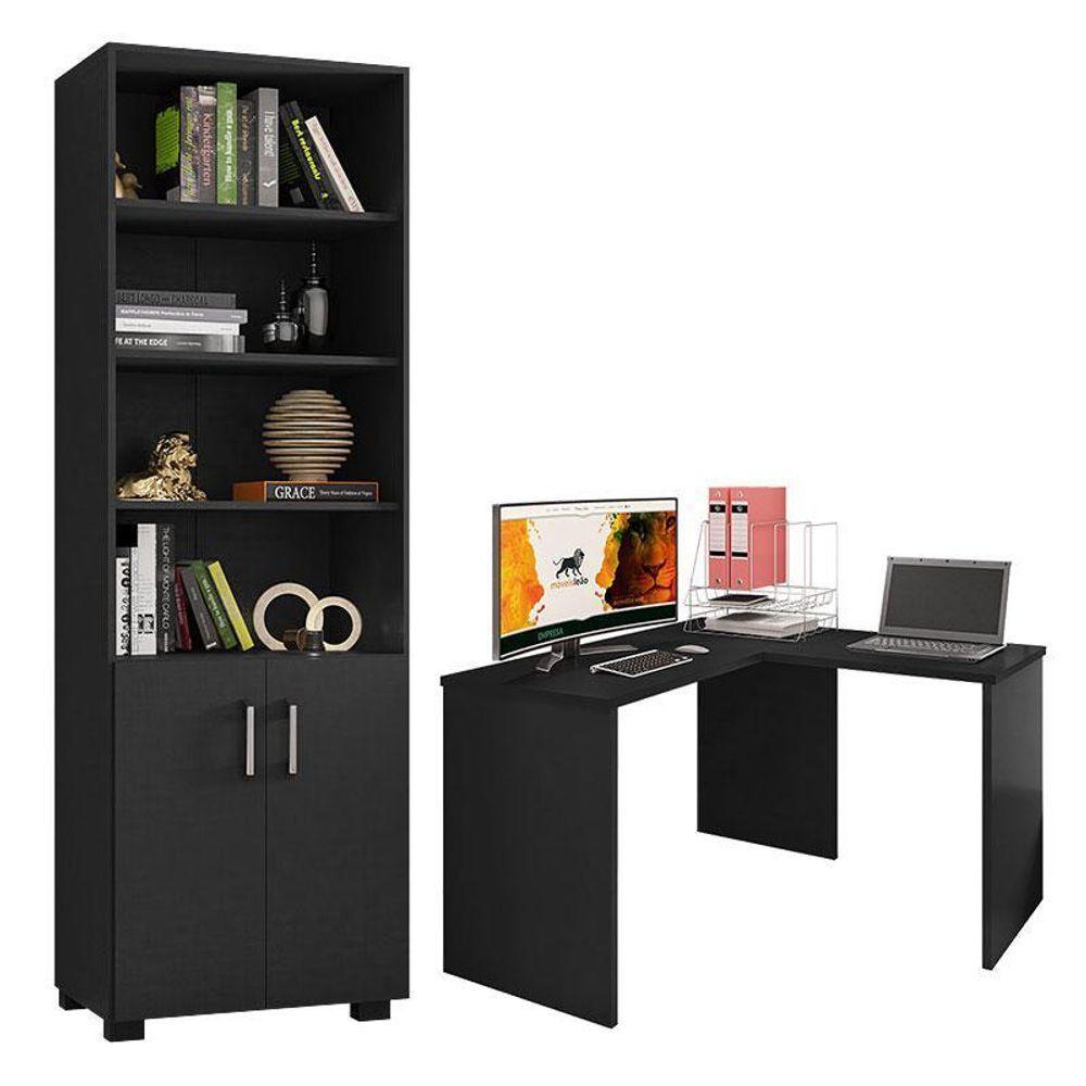 Mesa Para Computador Gávea Com Extensora E Livreiro Office Com Portas Pequenas Preto Trama - Móveis Leão - 1