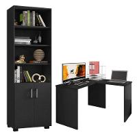 Mesa Para Computador Gávea Com Extensora E Livreiro Office Com Portas Pequenas Preto Trama - Móveis Leão - 1