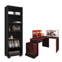 Mesa Para Computador Gamer Drx 9000 Com Extensora E Livreiro Office Preto Trama Vermelho - Móveis Leão - 1