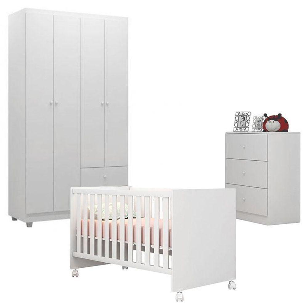 Quarto De Bebê Louise 4 Portas Com Berço Doce Sonho 100 Rodízio Branco Brilho - Ajl - 1