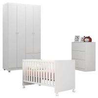 Quarto De Bebê Louise 4 Portas Com Berço Doce Sonho 100 Rodízio Branco Brilho - Ajl - 1