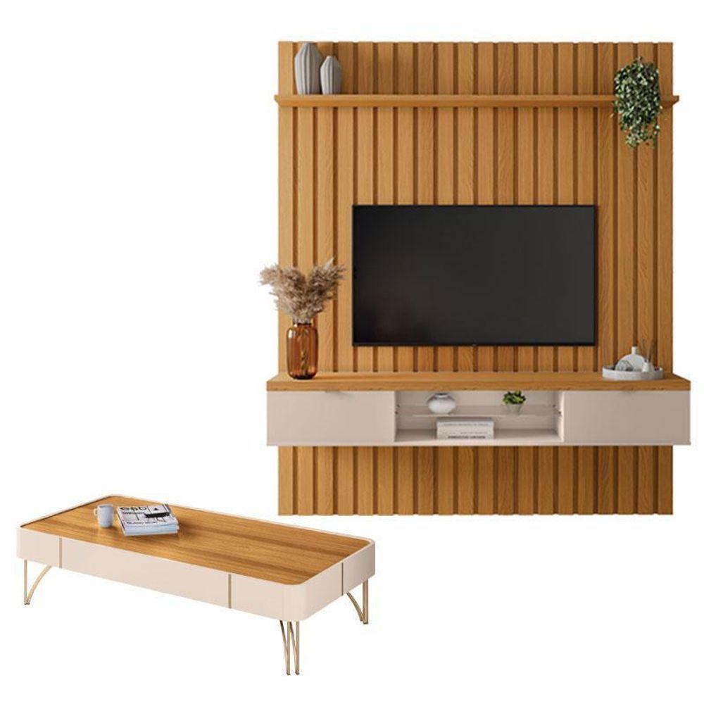 Painel Ripado You Illusion 1.8 Com Mesa De Centro Cadenza Cinamomo Off White - Hb Móveis - 1