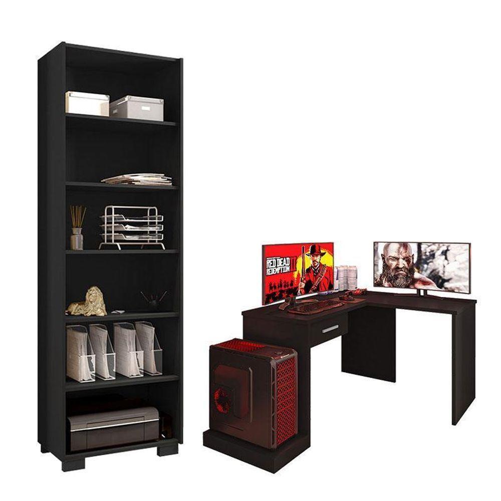 Mesa Para Computador Gamer Drx 9000 Com Extensora E Livreiro Office Preto Trama - Móveis Leão - 1