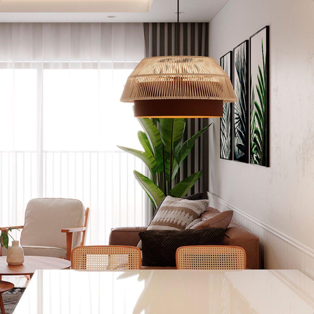 Lustre Pendente Blumenau Gaia Macramê 50cm E27 Bivolt Marrom Gold Com Bege - 2