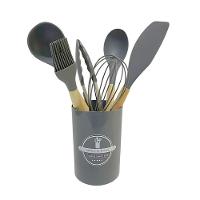 Conjunto De Utensílios Para Cozinha Em Silicone Com Cabo De Madeira 7 Peças Lehaví Cinza - 1